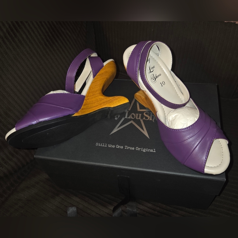 Lucky Lou Bang Purple Leather Boom Wedge Wood Heel Strap Sandal Nib Pinup 10 - Picture 3 of 11